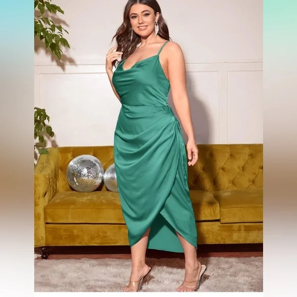 L’ VOW STUDIO Women's Satin Spaghetti Strap Cowl Neck Wrap Party Cami Dress - Picture 3 of 4